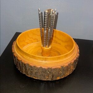 Vintage Wooden Nut Bowl w/Cracker & Picks